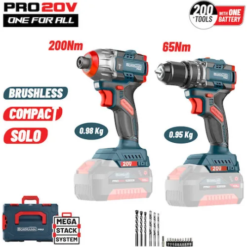 BORMANN Pro BBP5408Τ2CA Σετ Κρουστικό Δραπαν/βιδο & Παλμικό Κατσαβίδι, Brushless, SOLO