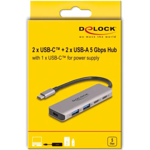 DELOCK USB hub 64239, 4x θυρών, 5Gbps, USB-C σύνδεση, γκρι