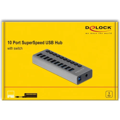 DELOCK USB hub 63670 με διακόπτες, 10x θυρών, 5Gbps, γκρι