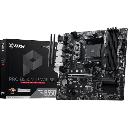 MSI MB PRO B550M-P WIFI6E, SOCKET AMD AM4, CS AMD B550, 4 DIMM SOCKETS DDR4, HDMI/ DP/ VGA, PCI-E GEN 4.0, GIGABIT LAN, MICRO-ATX, 3YW.