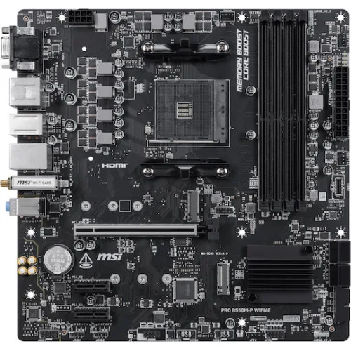 MSI MB PRO B550M-P WIFI6E, SOCKET AMD AM4, CS AMD B550, 4 DIMM SOCKETS DDR4, HDMI/ DP/ VGA, PCI-E GEN 4.0, GIGABIT LAN, MICRO-ATX, 3YW.