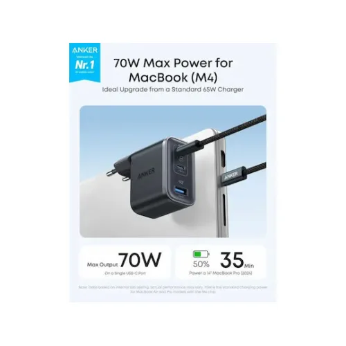 Anker Φορτιστής με Ενσωματωμένο Καλώδιο με Θύρα USB-A και 2 Θύρες USB-C 70W Μαύρος (Nano)