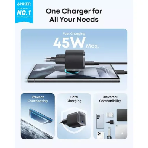 Anker Φορτιστής Χωρίς Καλώδιο GaN με Θύρα USB-C 45W Power Delivery Μαύρος (Nano)
