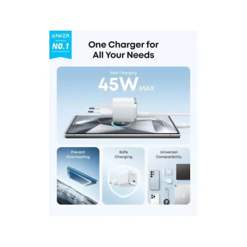 Anker Φορτιστής Χωρίς Καλώδιο GaN με Θύρα USB-C 45W Power Delivery Λευκός (Nano)