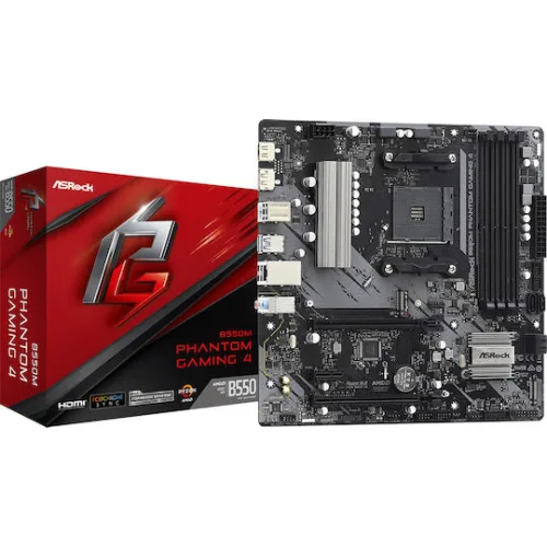 ASROCK MB B550M PHANTOM GAMING 4, SOCKET AMD AM4, CS AMD B550, 4 DIMM SOCKETS DDR4, HDMI/DP, PCI-E GEN 4.0, GIGABIT LAN, MICRO-ATX, 2YW.