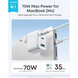 Anker Φορτιστής με Θύρα USB-A και 2 Θύρες USB-C και Καλώδιο USB-C - USB-C 70W Power Delivery Λευκός (Nano)