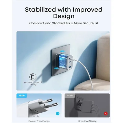 Anker Φορτιστής με Θύρα USB-A και 2 Θύρες USB-C και Καλώδιο USB-C - USB-C 70W Power Delivery Λευκός (Nano)