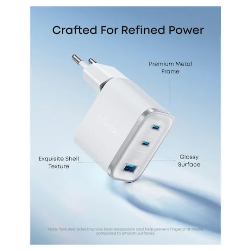 Anker Φορτιστής με Θύρα USB-A και 2 Θύρες USB-C και Καλώδιο USB-C - USB-C 70W Power Delivery Λευκός (Nano)