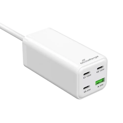 MediaRange 100W GaN Fast Charging Station, 1.5m Cable (EU-Plug), 3x USB-C and 1x USB-A, USB-C® Power Delivery and Quick Charge enabled, White (MRMA124)