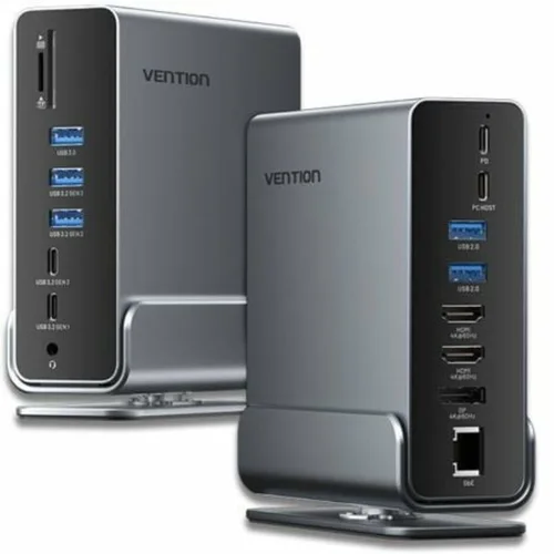 VENTION USB-C to DP/HDMI x 2/USB 3.2 Gen 2 Type-C/USB 3.2 Gen 2 Type-A x 2/USB 3.2 Gen 1 Type-C/USB 3.0/USB 2.0 x 2/RJ45/SD/TF/3.5mm TRRS/PD MST Docking Station Gray Vertical Aluminum Alloy Type (TPUH0) (VENTPUH0)