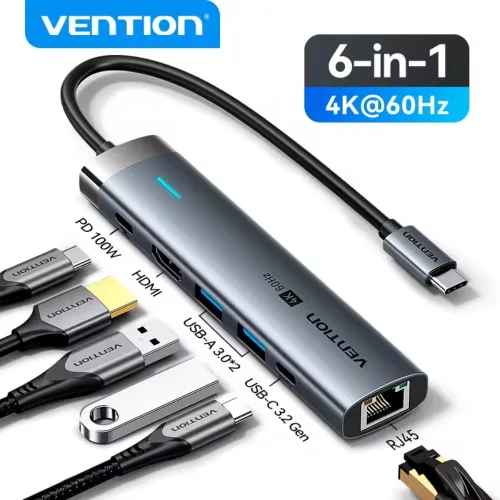 VENTION USB-C to HDMI/USB 3.2 Gen 1 Type-C/USB 3.0*2/RJ45/PD Docking Station 0.15M Gray Aluminum Alloy Type (TGNHB) (VENTGNHB)