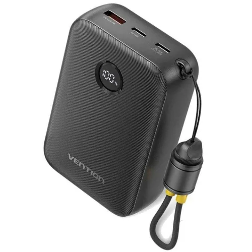 VENTION 20000mAh Power Bank (USB-C + USB-C/USB-C/USB-A) with Built-in USB-C to USB-C Cable 22.5W Black LED Display Type (FKBB0-C) (VENFKBB0-C)