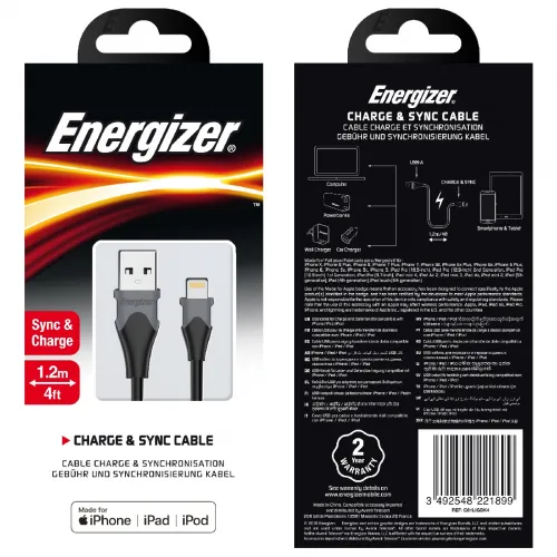 Energizer Charge and Sync Καλώδιο Usb to Lightning 1.2m Black