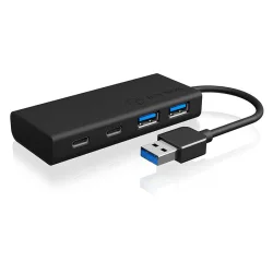USB 3.0 Hub αλουμινίου, µε συνδέσεις 2x θύρες Type-A + 2x θύρες Type-C σε μαύρο χρώμα.