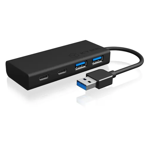 USB 3.0 Hub αλουμινίου, µε συνδέσεις 2x θύρες Type-A + 2x θύρες Type-C σε μαύρο χρώμα.