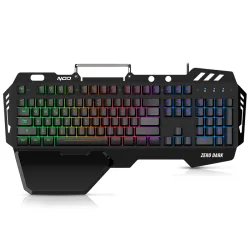 Ενσύρματο gaming πληκτρολόγιο με RGB LED οπίσθιο φωτισμό,  μαύρη επιφάνεια από αλουμίνιο, μεγάλο palm rest και βάση στήριξης για το κινητό.