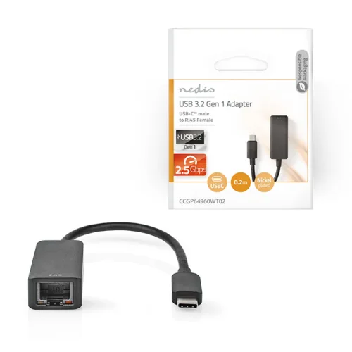 NEDIS CCGP64960WT02 Αντάπτορας δικτύου USB 3.2 Gen 1 type C αρσ. σε RJ45 (8P8C) θηλ., 0.20m, μαύρο