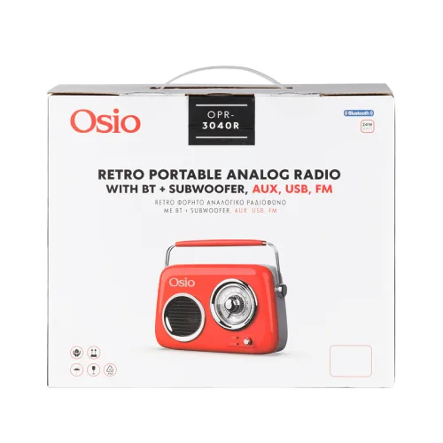 Osio OPR-3040R Κόκκινο Ρετρό φορητό αναλογικό ραδιόφωνο με Bluetooth, AUX, USB, FM και subwoofer – 24W