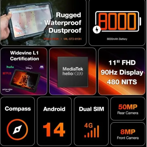 AGM PAD P2 Active σκούρο γκρι Smart αδιάβροχο Tablet IP68 & IP69K (8GB/256GB), 8πύρηνο, Android 14, 4G με Bluetooth, USB, SD, FM