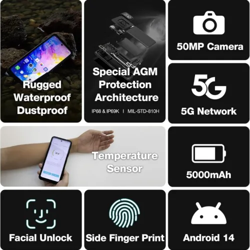 AGM X6 Μαύρο Smart αδιάβροχο κινητό τηλέφωνο 5G, 8πύρηνο, ανθεκτικό σε πτώση IP68/69Κ (8GB/128GB), Android 14 με Bluetooth, USB,