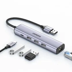 Ugreen 5in1 adapter USB-A to 3x USB 3.0 + RJ45 + USB-C gray (60554) (UGR60554)