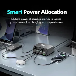 POWERTECH σταθμός φόρτισης PT-1623, USB/3x USB-C/2x USB-C καλώδια, GaN, 210W, μαύρος