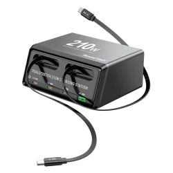 POWERTECH σταθμός φόρτισης PT-1623, USB/3x USB-C/2x USB-C καλώδια, GaN, 210W, μαύρος