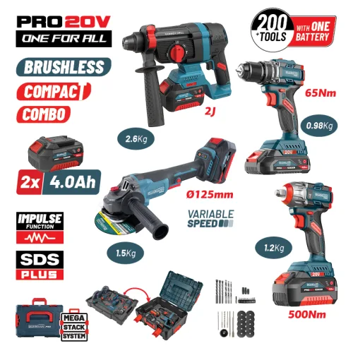 BORMANN Pro BBP5438X44T4CA Σετ Brushless Μπαταρίας,Δραπαν/βιδο,Γωνιακός Τροχός,Πνευματικό & Μπουλ/δο