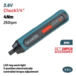 BORMANN BCD1051CA Κατσαβίδι Μπαταρίας 3.6V,Li-Ion,4Nm,250rpm,3 Θέσεις Ροπής,Led,BMC,Σετ 28 Αξεσουάρ