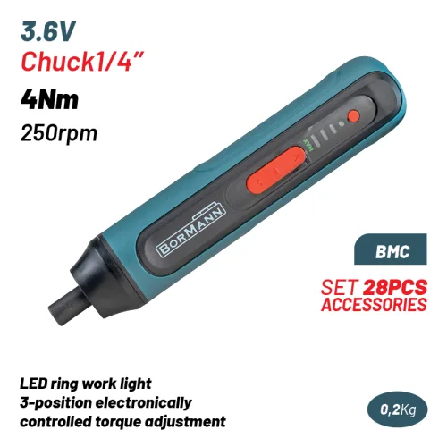 BORMANN BCD1051CA Κατσαβίδι Μπαταρίας 3.6V,Li-Ion,4Nm,250rpm,3 Θέσεις Ροπής,Led,BMC,Σετ 28 Αξεσουάρ