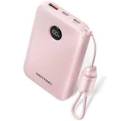 VENTION 10000mAh Power Bank (USB-C + USB-C/USB-C/USB-A) with Built-in USB-C to USB-C Cable 22.5W Pink LED Display Universal Type (FKAP0-C-TY) (VENFKAP0-C-TY)