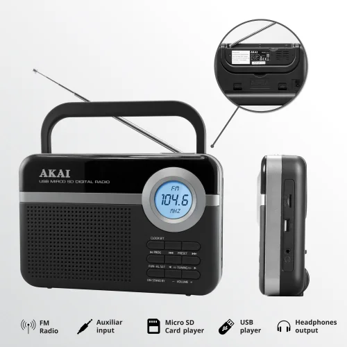Akai PR006A-472U – Φορητό Ραδιόφωνο FM με USB/SD, LCD Οθόνη & Ξυπνητήρι
