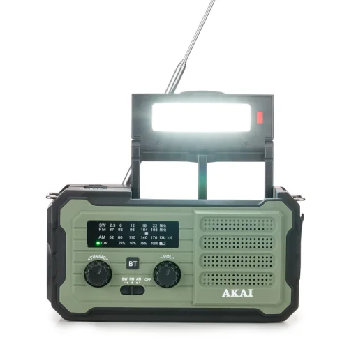 Akai APR-801 Ραδιόφωνο Επιβίωσης με Ηλιακό Πάνελ, Δυναμό, Bluetooth & Power Bank (Πράσινο)