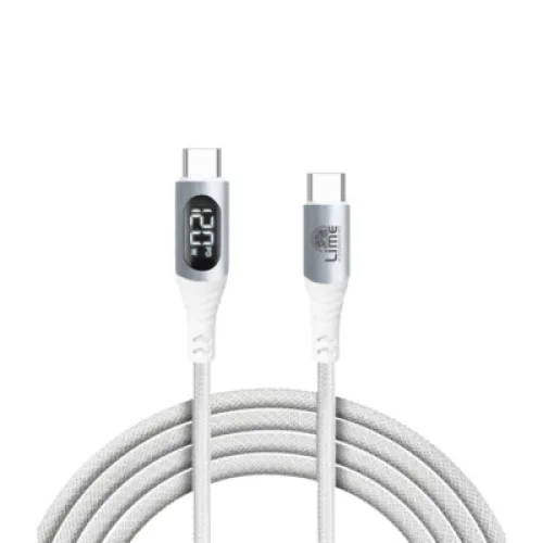 Lime LBLCC01 Ανθεκτικό Πλεκτό Καλώδιο USB-C σε USB-C με Οθόνη LED 120W, 1,2m Λευκό (8386688)