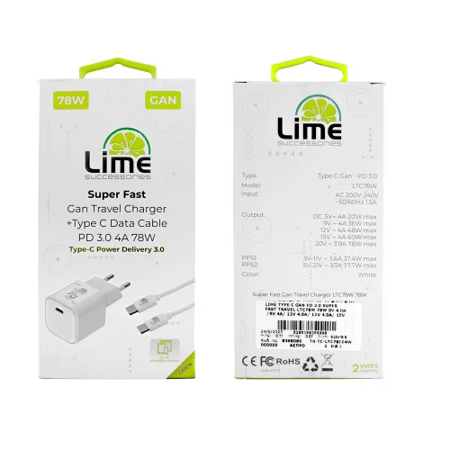 Lime LTC78W Φορτιστής Ταξιδιού GaN PD 3.0 78W + Καλώδιο USB-C to USB-C LCC04 (8368585)