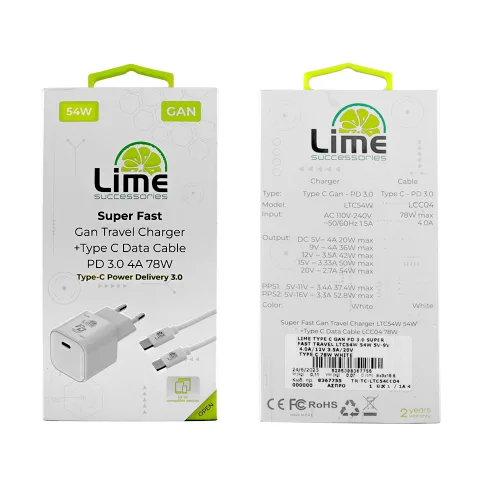 Lime LTC54W Φορτιστής Ταξιδιού GaN PD 3.0 54W + Καλώδιο USB-C to USB-C LCC04 (8367755)
