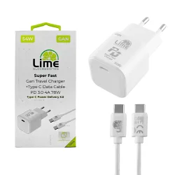 Lime LTC54W Φορτιστής Ταξιδιού GaN PD 3.0 54W + Καλώδιο USB-C to USB-C LCC04 (8367755)