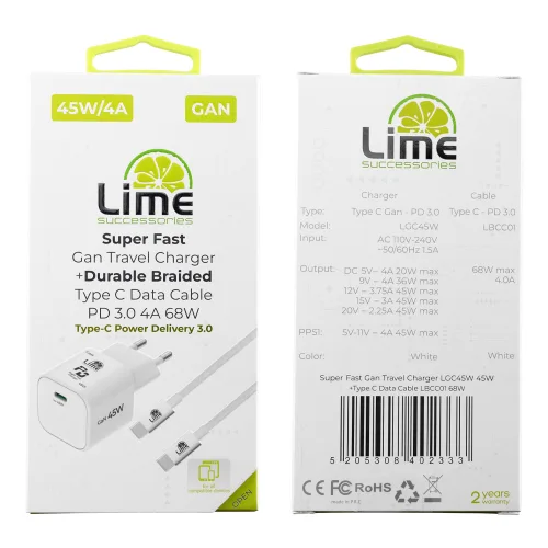 Lime LGC45W Φορτιστής Ταξιδιού GaN PD 3.0/QC 3.0 45W + Πλεκτό Καλώδιο USB-C to USB-C LBCC01 (8402333)
