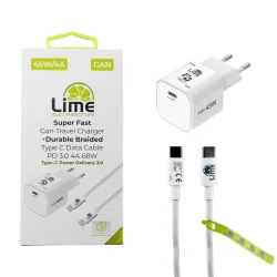 Lime LGC45W Φορτιστής Ταξιδιού GaN PD 3.0/QC 3.0 45W + Πλεκτό Καλώδιο USB-C to USB-C LBCC01 (8402333)