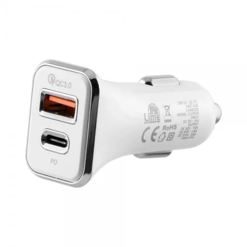 Lime LCUPD21 Διπλός Φορτιστής Αυτοκινήτου USB & USB-C PD/QC 3.0 40W, Λευκό (8276200)