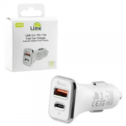 Lime LCUPD21 Διπλός Φορτιστής Αυτοκινήτου USB & USB-C PD/QC 3.0 40W, Λευκό (8276200)