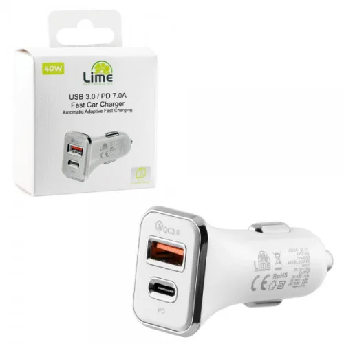 Lime LCUPD21 Διπλός Φορτιστής Αυτοκινήτου USB & USB-C PD/QC 3.0 40W, Λευκό (8276200)
