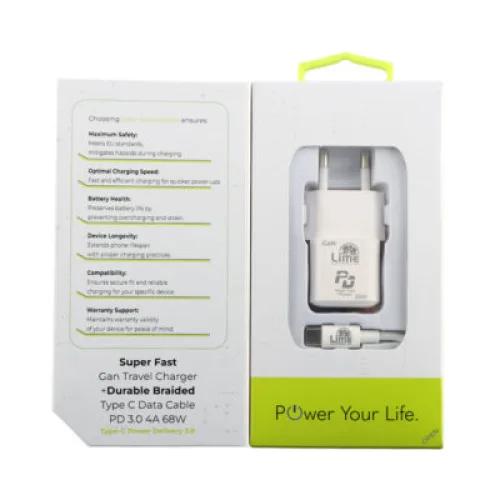 Lime LGC25W Φορτιστής Ταξιδιού GaN PD 3.0 25W + Πλεκτό Καλώδιο USB-C to USB-C LBCC01 (8414664)