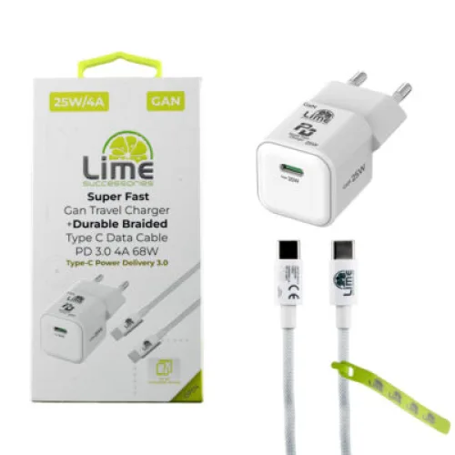 Lime LGC25W Φορτιστής Ταξιδιού GaN PD 3.0 25W + Πλεκτό Καλώδιο USB-C to USB-C LBCC01 (8414664)