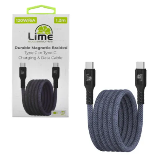 Lime LBMCC04 Ανθεκτικό Μαγνητικό Πλεκτό Καλώδιο USB-C σε USB-C 120W, 1,2m Γκρι (8387555)
