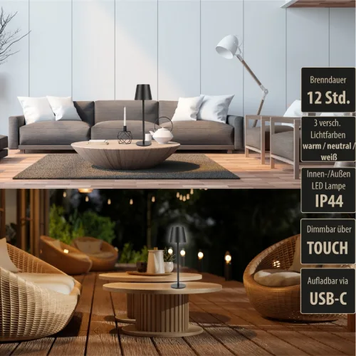 AddLiving 3233 Μαύρο μεταλλικό φωτιστικό LED επιτραπέζιο και επαναφορτιζόμενο 36cm με IP44 και ρύθμιση φωτεινότητας 2800Κ/4500Κ/6000Κ