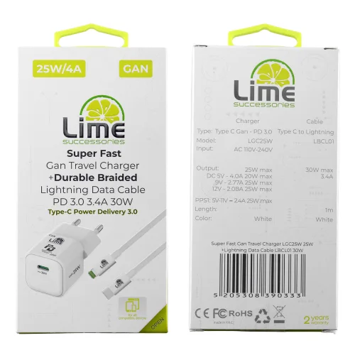 Lime LGC25W Mini Φορτιστής Ταξιδιού GaN PD 3.0 25W + Πλεκτό Καλώδιο USB-C to Lightning LBCL01 (8390333)