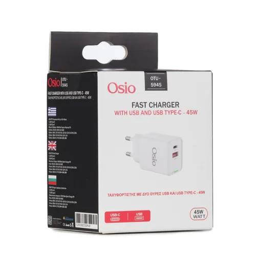 Osio OTU-5945W Λευκός ταχυφορτιστής ρεύματος με USB-A και TYPE-C-45W