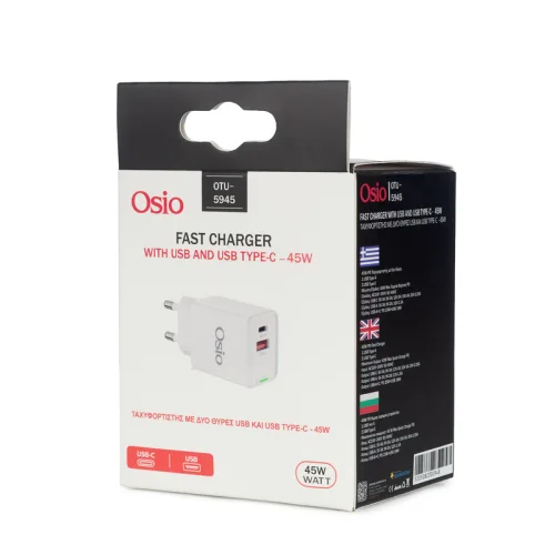 Osio OTU-5945W Λευκός ταχυφορτιστής ρεύματος με USB-A και TYPE-C-45W