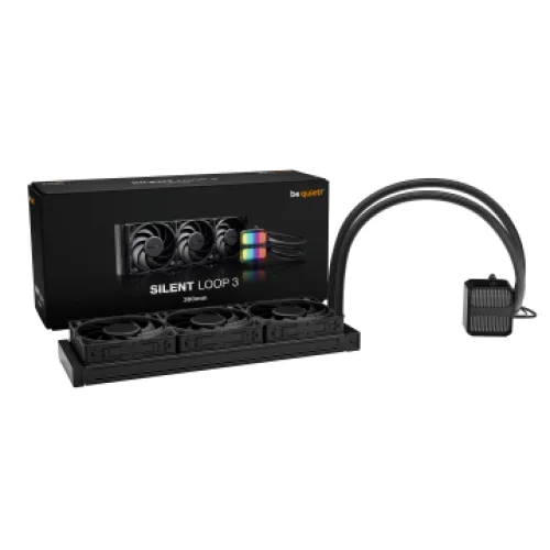 BEQUIET CPU HYDRO COOLER SILENT LOOP 3 360MM BW025, INTEL SOCKET LGA 1851/1700/1200/1150/1151/1155, AMD AM4/AM5, SQUARE ARGB ILLUMINATING COOLING BLOCK, 3x120MM FAN SILENT WINGS 4 PWM, BLACK, 3YW.